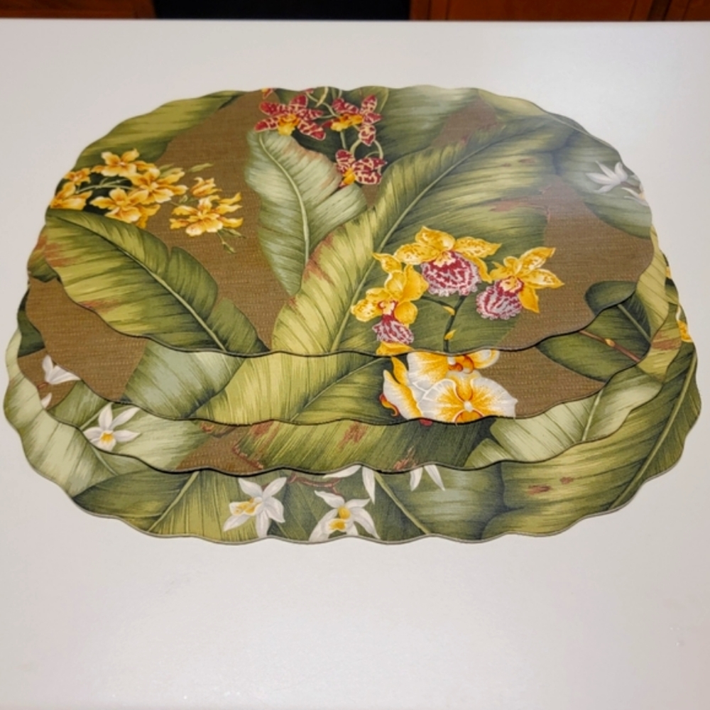 Vintage Florida Linen Vynal Wild Orchid  print Placemats 4pc
